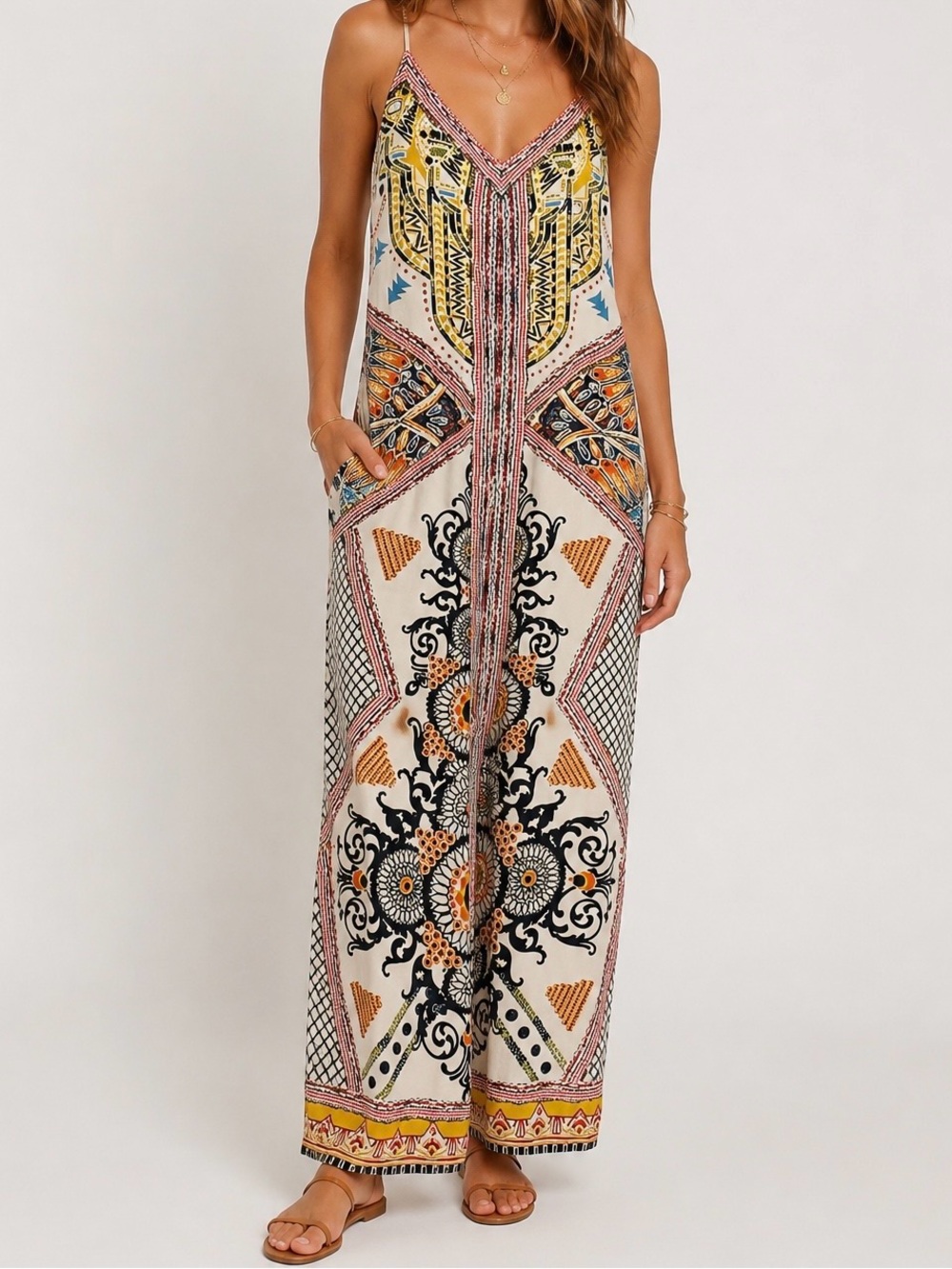 Jealous Tomato boho Aztec geometric print, white/blue/yellow/orange maxi dress,S